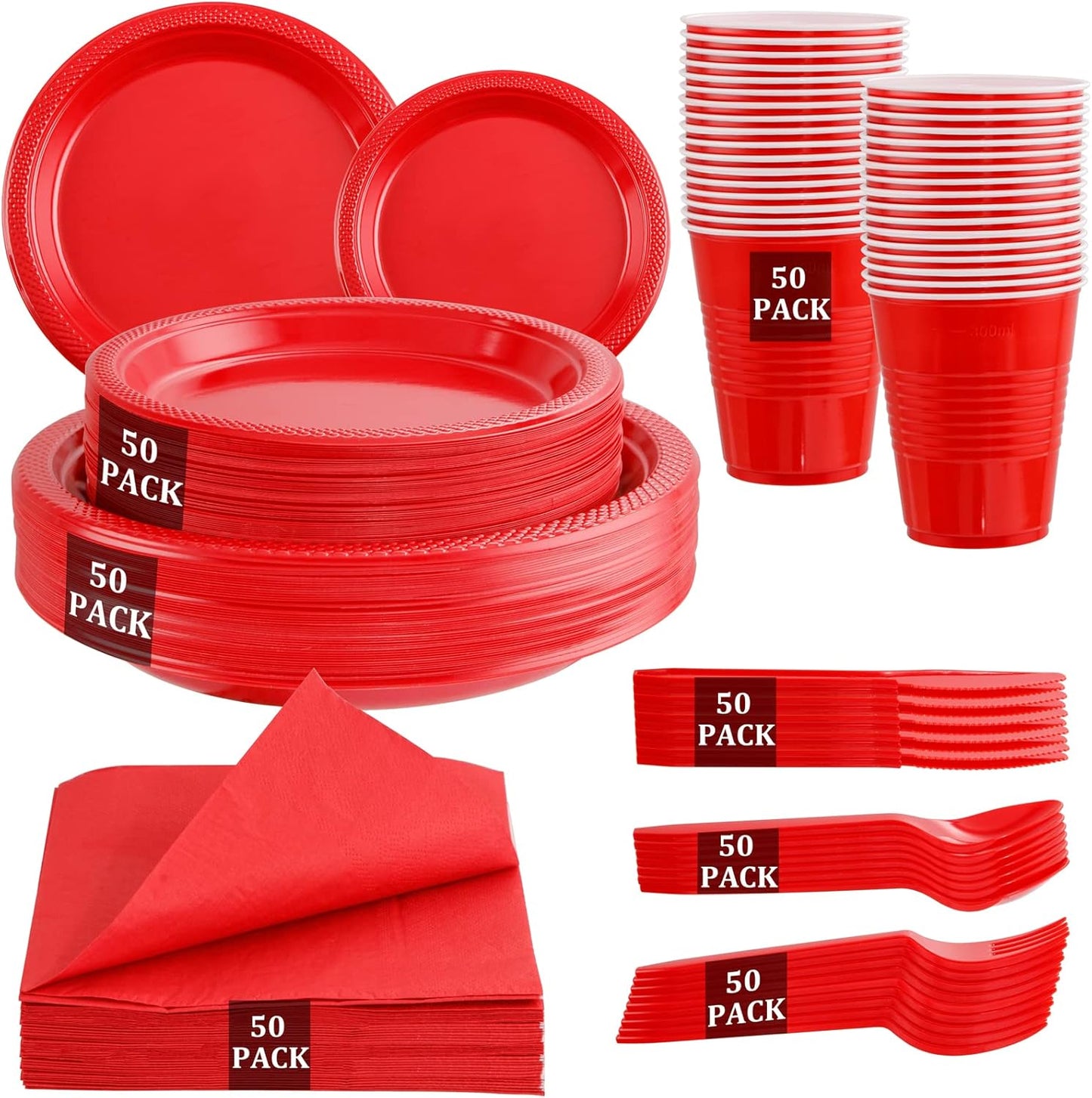 MirthMood 350PCS Red Disposable Plastic Plates,Red Dinnerware Set Includes 50 Dinner Plates, 50 Salad Plates, 50 Sets of Silverware, 50 Napkins and 50Pcs 12OZ Plastic Cups