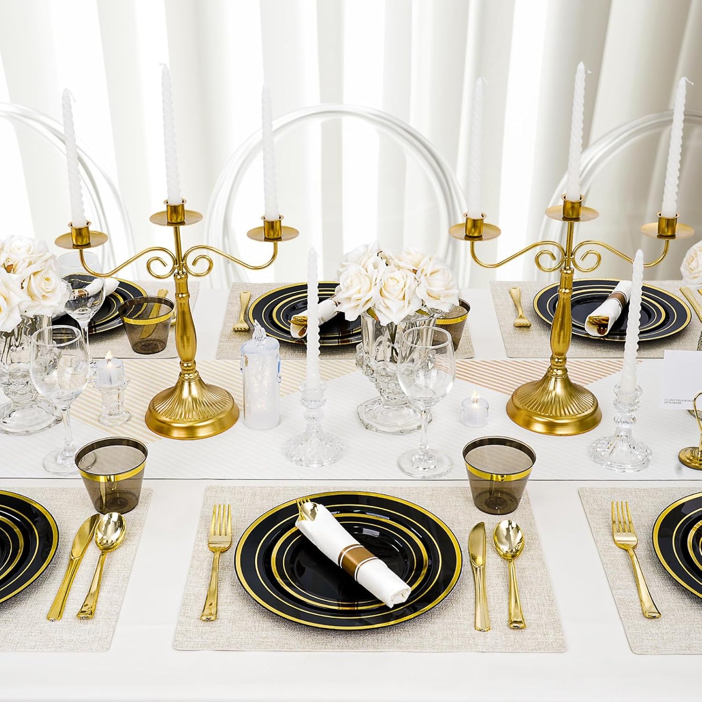 350 PCS Black Plastic Dinnerware Set for 50 Guests, 100 Disposable Plates for Party, 50 Pre Rolled Napkins with Gold Silverware, 50 Cups for Graduation