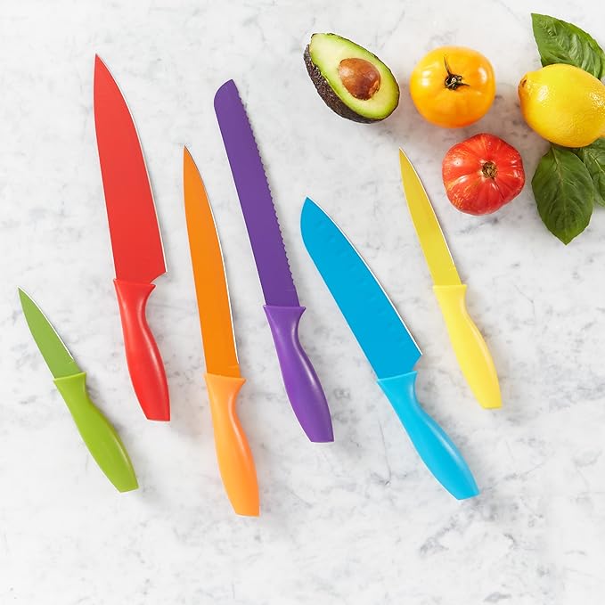 Amazon Basics Color-Coded Dishwasher Safe Kitchen 12-Piece Knife Set, 6 Knives with 6 Blade Guards, Multicolor, 13.88 x 4.13 x 1.38 inch