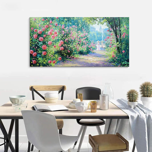 CHATYOUNG Canvas Wall Art Living Room, Blooming Red Roses Manor Landscape Wall Painting Monet Style Wall Art Green Picture Ready to Hang Bedroom Bathroom Kitchen Home Decor Gifts for Women 20x40 In