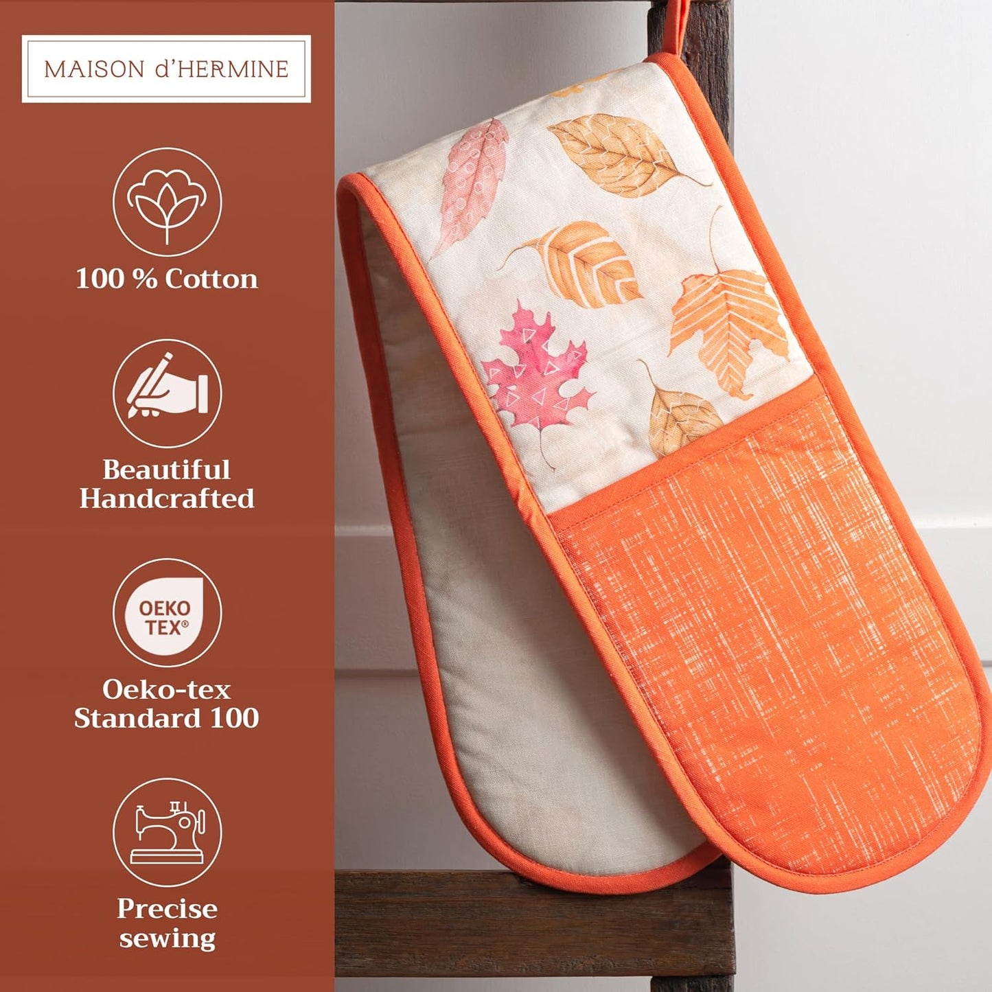Maison d' Hermine Double Oven Mitt (7" x 35") 100% Cotton Heat Resistant BBQ Cooking Gloves with Loop for Thanksgiving Christmas Decorations Baking Cooking Handling Hot Pan (Colours of Autumn)