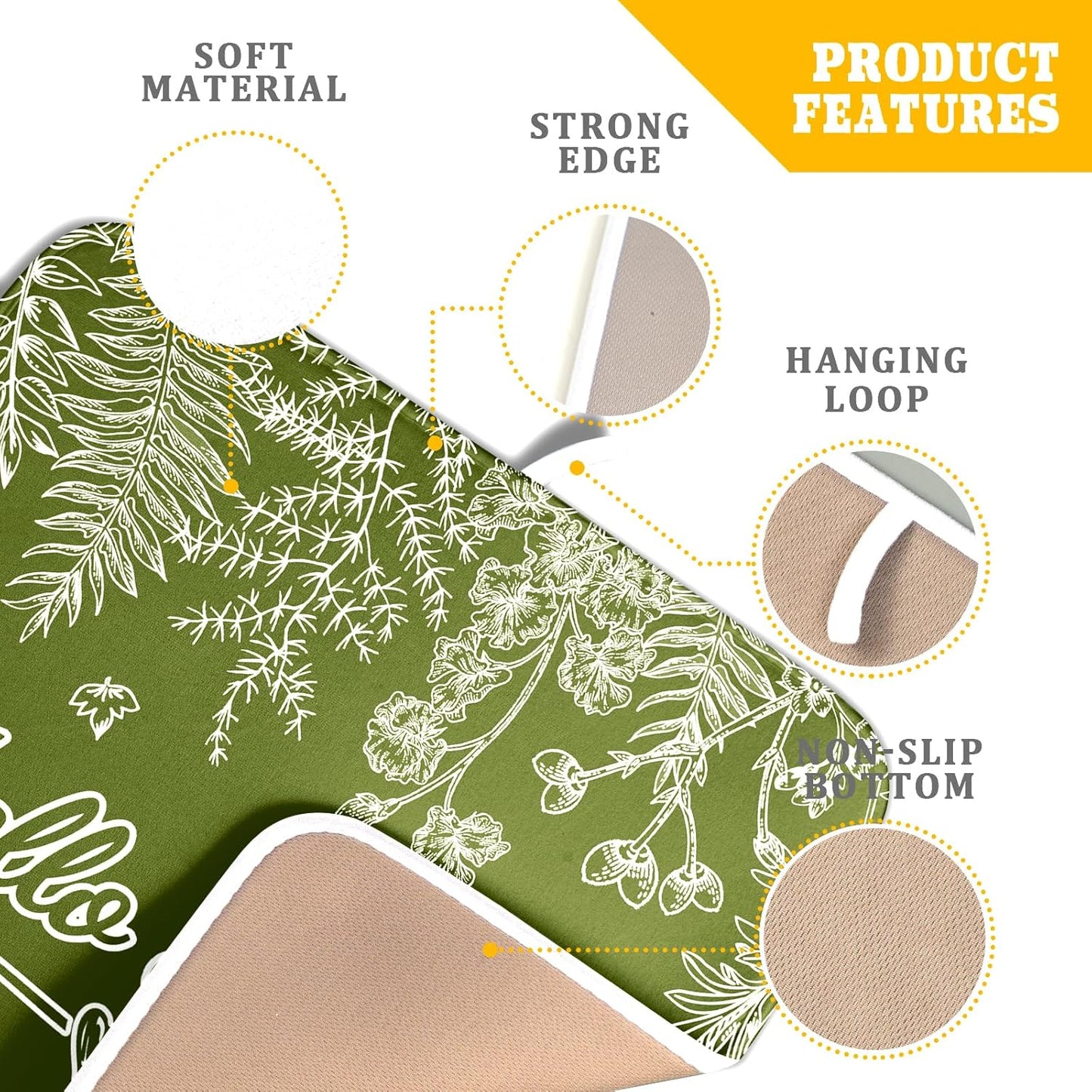 Spring Dish Drying Mats 16x18 Inch,Sage Green Leaves Seasonal Absorbent Microfiber Dishes Drainer Rack Mat Fast Dry Drying Pad for Countertop Table Sink Kitchen Decor Accessories