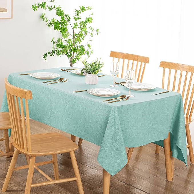 DWCN Rectangle Faux Linen Tablecloth - Textured Waterproof Spill-Proof Wrinkle and Stain Resistant Table Cloth Decorative Fabric Farmhouse Table Cover for Kitchen Dining Party, 60 x 102 Inch, Aqua