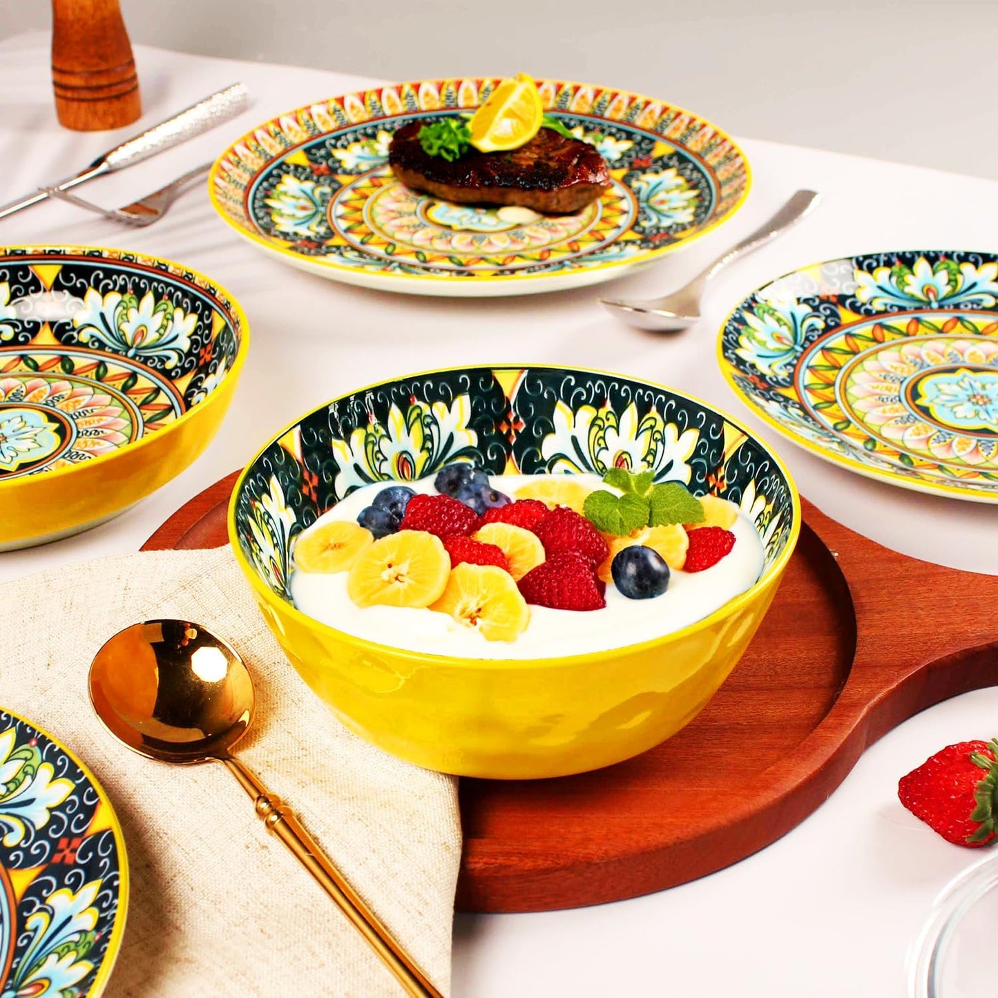 Mandala Dinnerware Sets, Plates and Bowls Set, Porcelain Dishes (16 Pieces) Service for 4, Zanzibar, Bohemian Style Dining Ware, for Kitchen and Dining Multicolor Dinnerware Set, Yellow