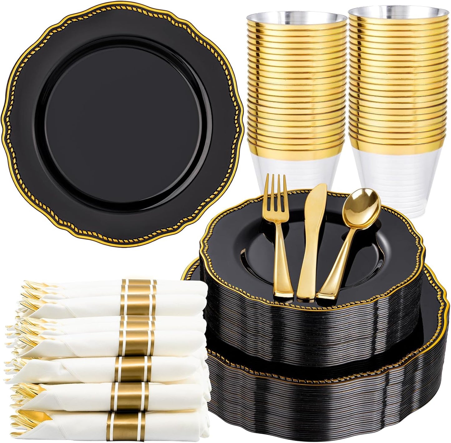 Hioasis 175pcs Black and gold Plastic Plates - Gold Plastic Dinnerware Set Includes 25 Dinner Plates, 25 Dessert Dinnerware, 25 Cups, 25 Napkins Perfect for Wedding & Halloween