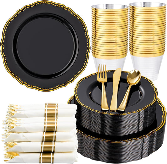 Hioasis 175pcs Black and gold Plastic Plates - Gold Plastic Dinnerware Set Includes 25 Dinner Plates, 25 Dessert Dinnerware, 25 Cups, 25 Napkins Perfect for Wedding & Halloween