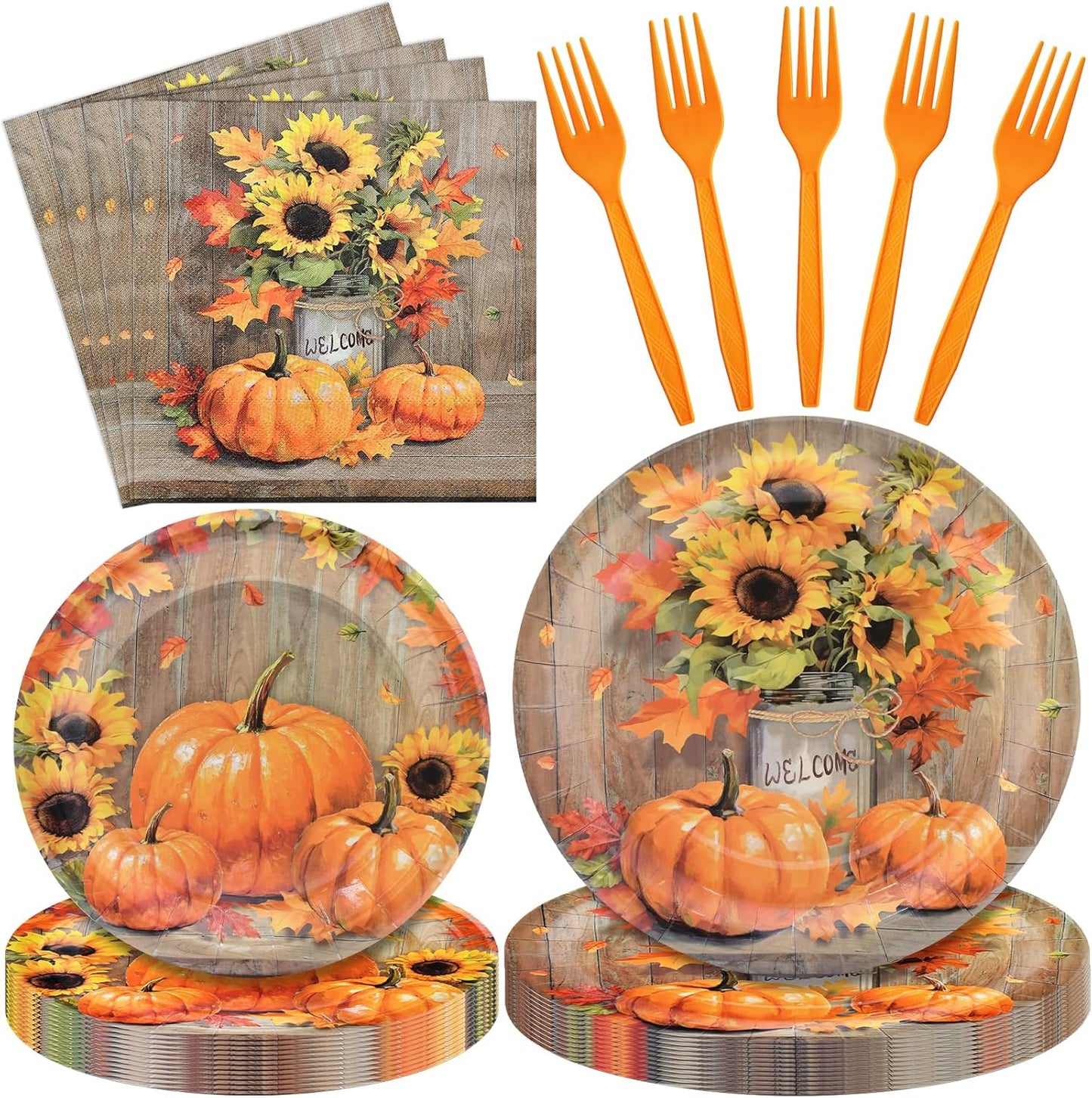 96 Pieces Thanksgiving Tableware Set – Rustic Pumpkin and Sunflower Disposable Dinnerware with Paper Plates, Napkins, and Forks for Thanksgiving Harvest Friendsgiving Fall Parties, Serves 24 Guests