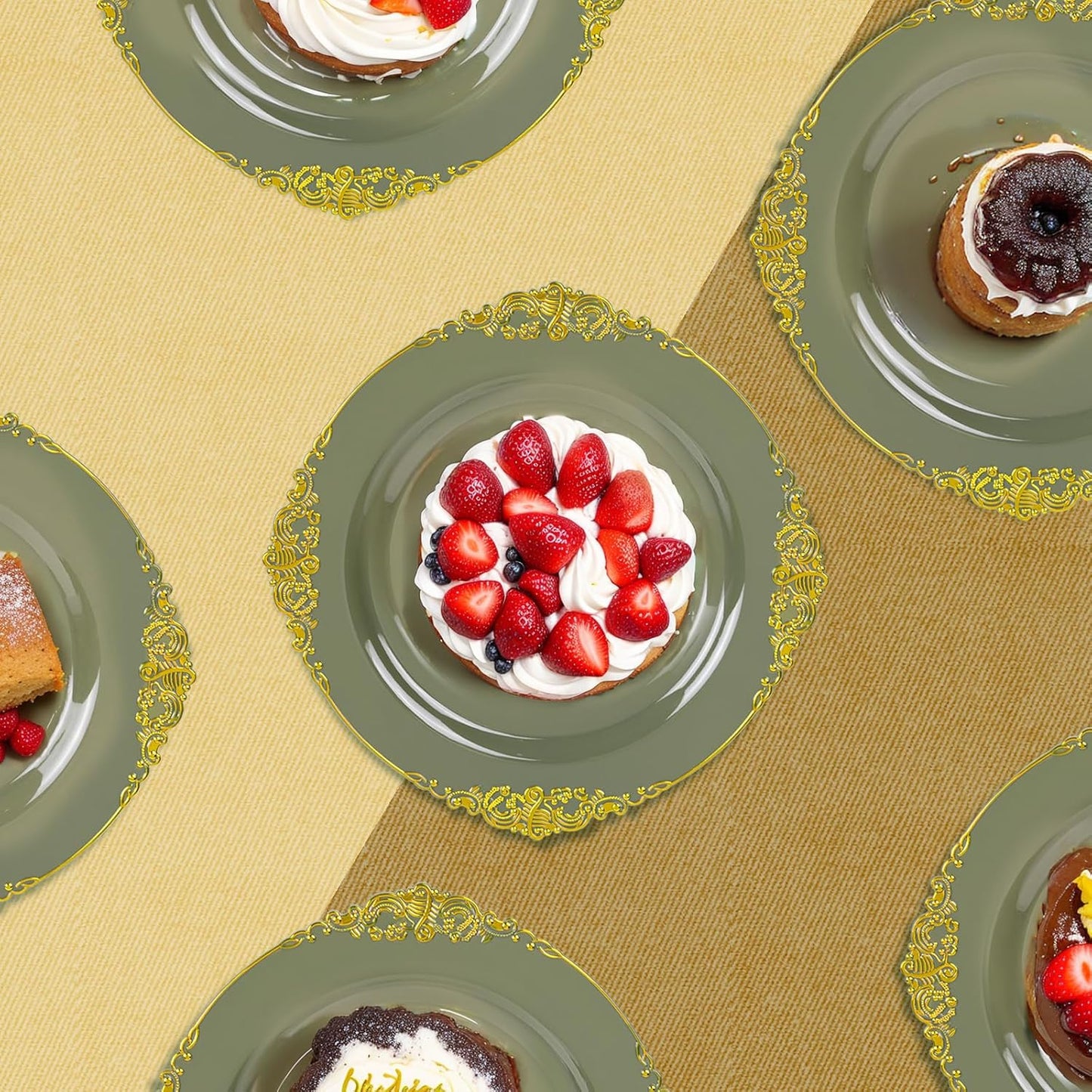 125PCS Olive Green Plastic Plates - Green and Gold Disposable Plates - Vintage Plate with Gold Plastic Silverware Sets for 25 Guests for Christmas & Party