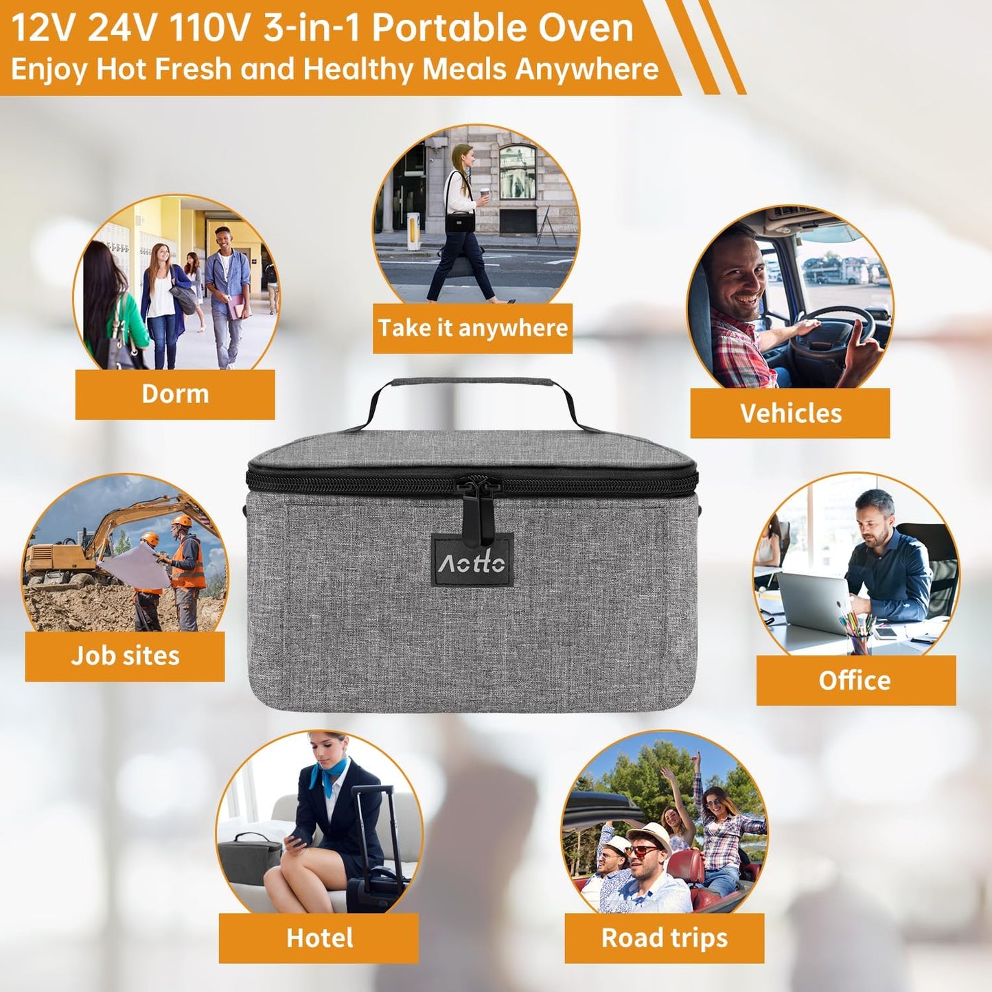 Aotto Portable Oven, Electric Lunch Box Food Heater - 12V/24V/110V 3-in-1 Car Food Warmer - Heated Lunch Box for Adults - Cook, Reheat & Keep Meals Warm for Car, Truck, Travel, Work, Home - Grey