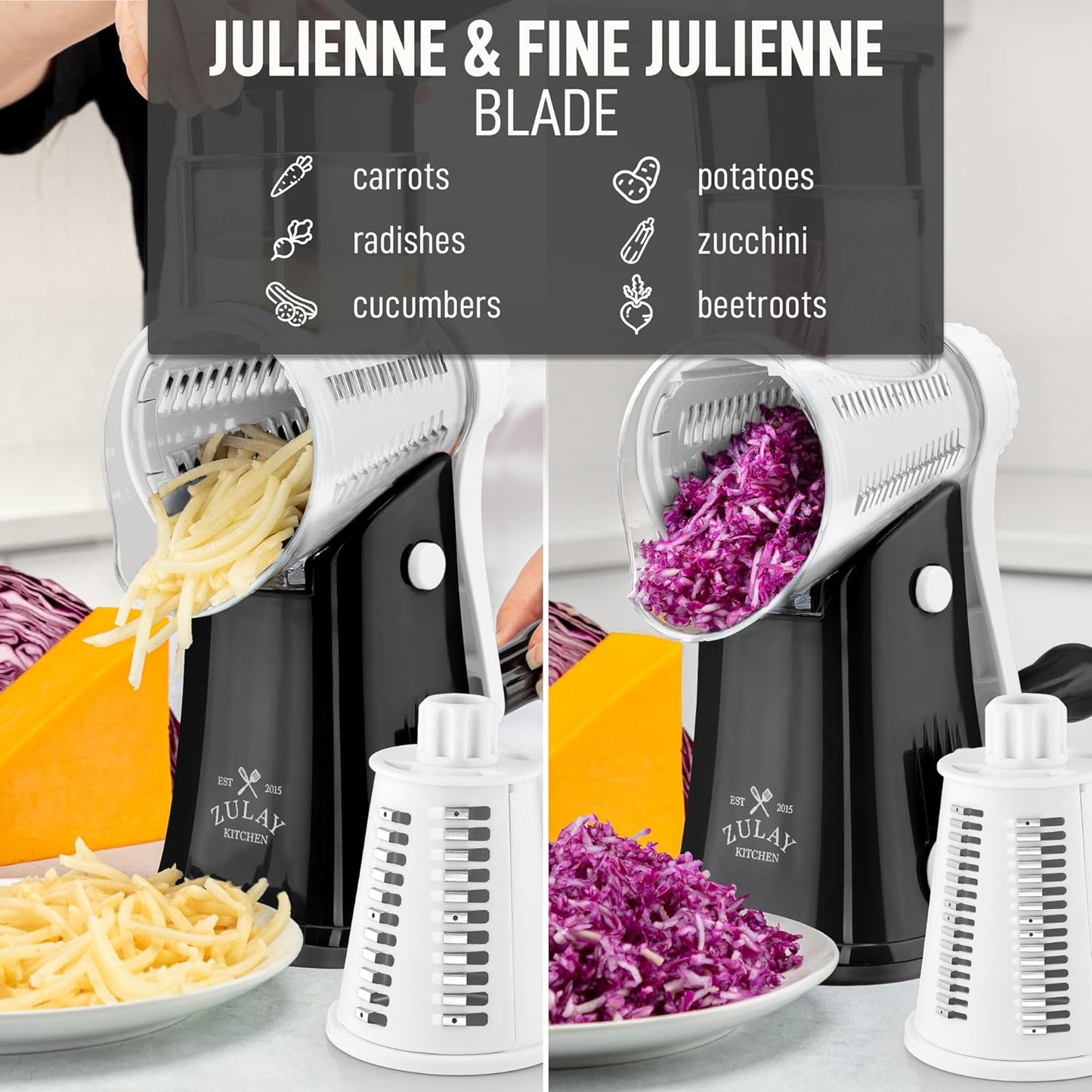 Zulay Kitchen Rotary Cheese Grater 5 Blade Cheese Shredder - Manual Hand Crank Cheese Grater With Reinforced Suction & 5 Interchangeable Drums - Easy to Use, Vegetable Chopper Round Mandoline Slicer