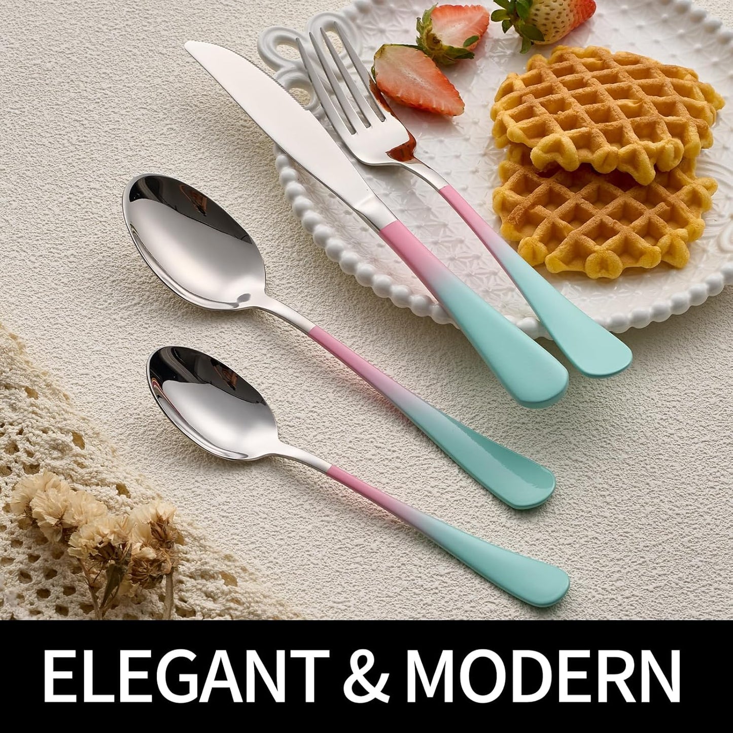 20-Pieces color Silverware Sets for 4,Pink and Green Handle Stainless Steel Cutlery Set, Include Forks Spoons and Knives Set, Dishwasher Safe Utensil Sets for Home Restaurant