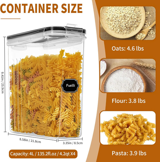 Cereal Containers Storage Set (4L / 135.2oz), 4PCS Airtight Food Storage Containers with Lids, Cereal Dispensers for Kitchen Pantry Organization and Storage with Pour Spout, 20 Labels, Marker