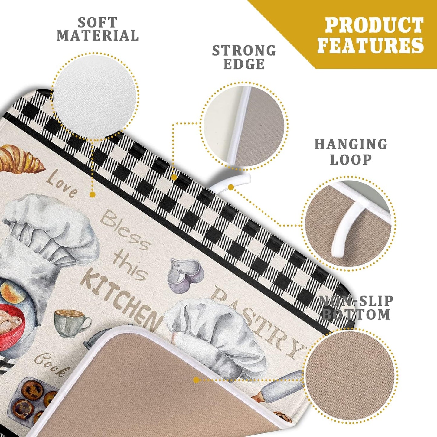 Gnome Chef Dish Drying Mat for Kitchen Counter Decor, Black White Buffalo Checked Dish Drainer Rack Mats Absorbent Microfiber Protector for Countertops Sinks, 16x18 Inch