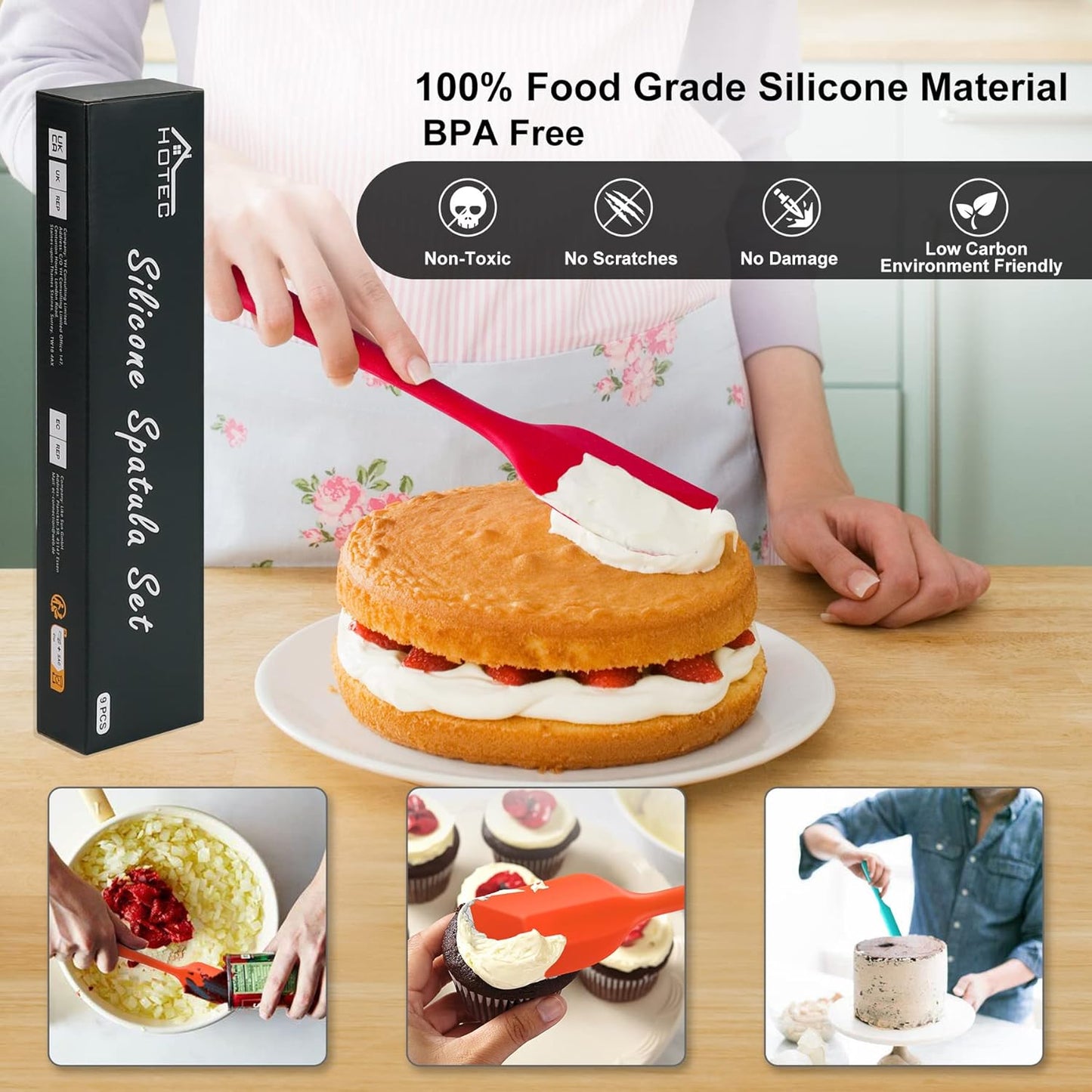 HOTEC BPA Free Heat Resistant Silicone Spatula Set Kitchen Utensils for Baking Cooking Mixing Non Stick Cookware Food Grade Dishwasher Safe (Multi-Color) Set of 9