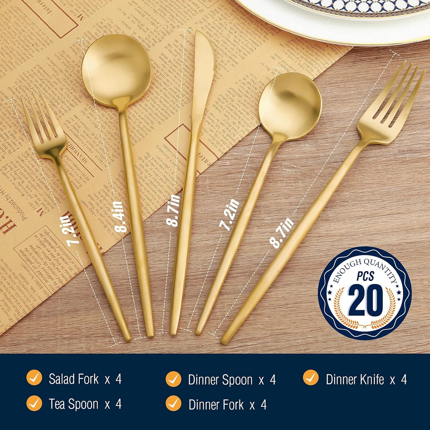 20 Pcs Gold Silverware Set, Stainless Steel Flatware Set Service for 4, Matte Gold Cutlery Set, Include Knives/Forks/Spoons, Dishwasher Safe