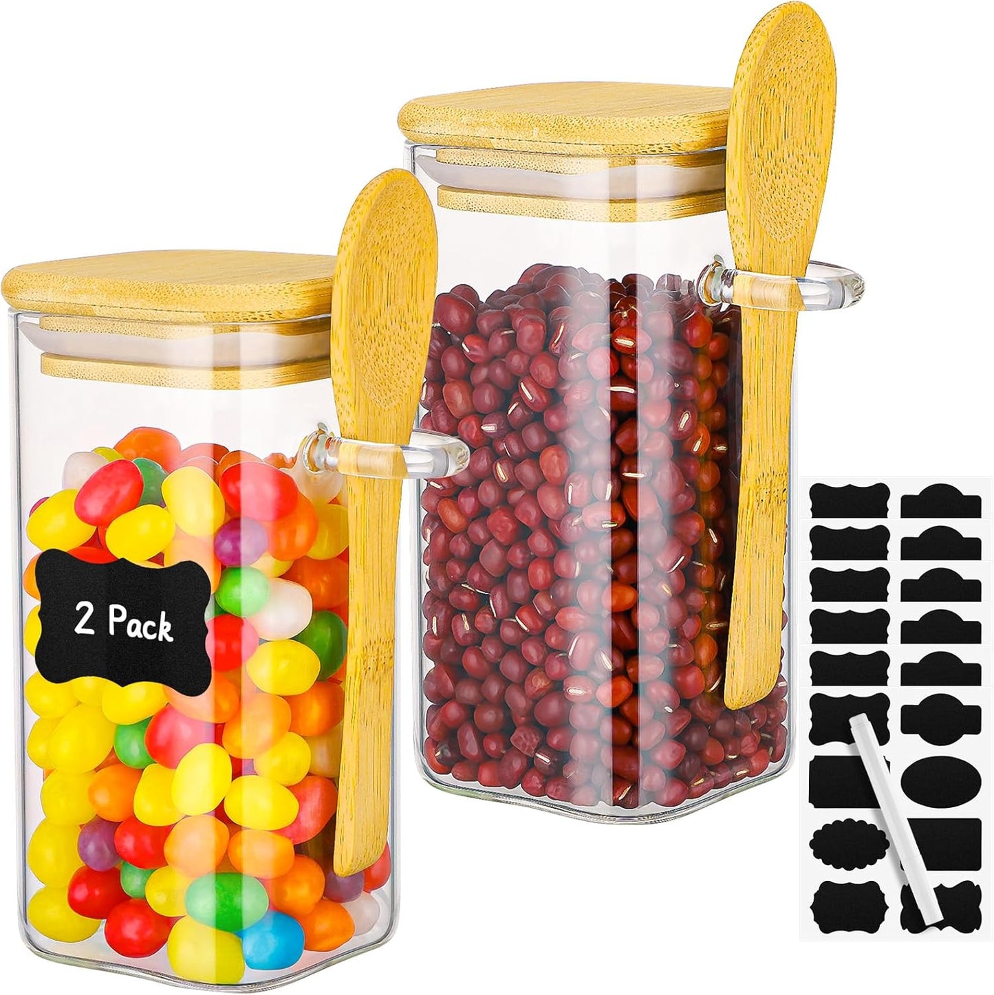 Glass Jars with Bamboo Lids and Spoons - 2 Pack 11 Fl.oz Square Glass Spice Jars with Airtight Lid, Clear Pantry Storage Container Food Canister for Seasoing, Loose Leaf Tea, Coffee, Sugar, Oats
