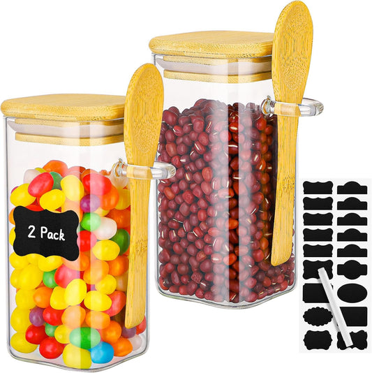 Glass Jars with Bamboo Lids and Spoons - 2 Pack 11 Fl.oz Square Glass Spice Jars with Airtight Lid, Clear Pantry Storage Container Food Canister for Seasoing, Loose Leaf Tea, Coffee, Sugar, Oats
