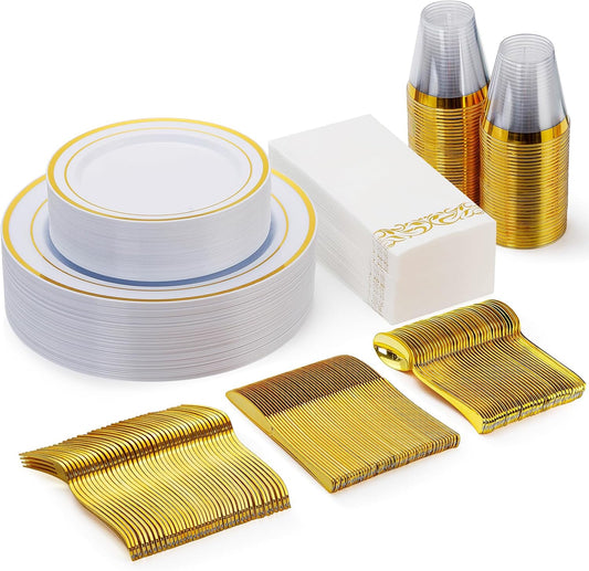 Goodluck 175 Piece Gold Dinnerware Set for 25 Guests, Plastic Plates Disposable for Party, Include: 25 Dinner Plates, 25 Dessert Plates, 25 Paper Napkins, 25 Cups, 25 Gold Silverware Set