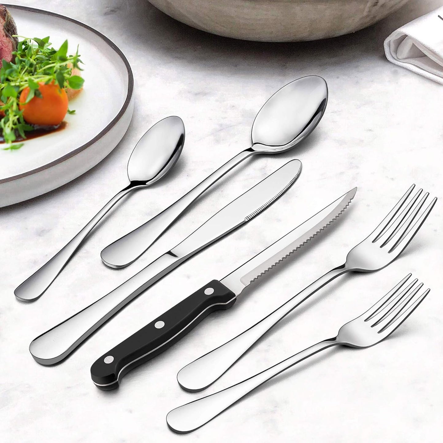 LIANYU 48-Piece Silverware Set with Steak Knives, Stainless Steel Flatware Cutlery Set for 8, Fancy Eating Utensils Tableware, Dishwasher Safe, Mirror Finish