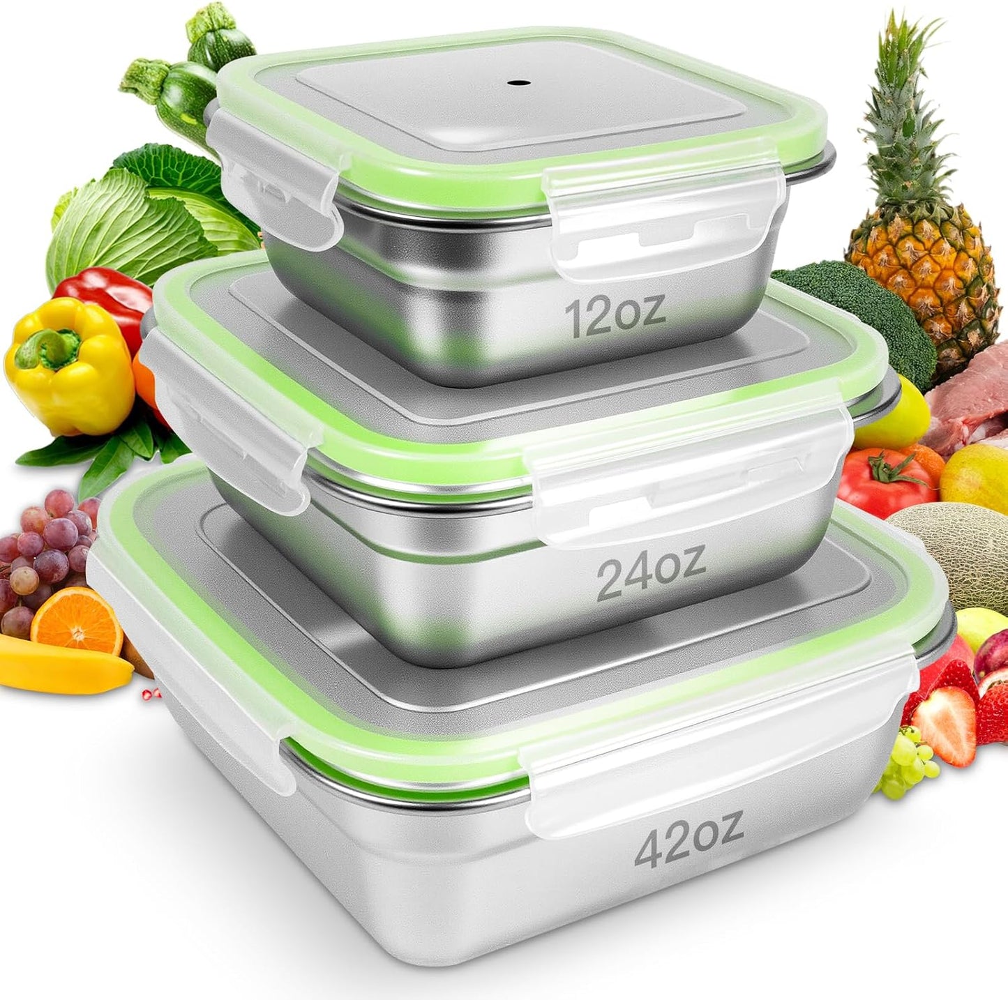 3 Pack Stainless Steel Sandwich Containers with Leak-Proof Lids, BPA-Free Airtight Metal Food Storage Boxes for Lunch, Snacks, Meal Prep – Reusable, Stackable, Dishwasher & Freezer Safe(Green)