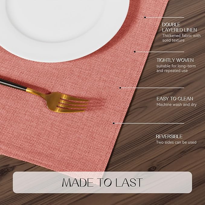 Romanstile Cloth Placemats Set of 4-12 x 18 Inch, Heat Resistant Double Layered Thickened Burlap Fall Place Mats, Washable Faux Linen Farmhouse Table Mats for Kitchen/Dining/Party/Outdoor, Orange