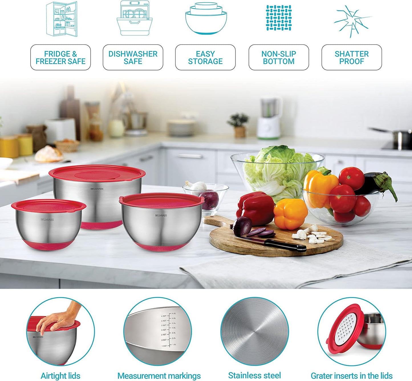 Belwares Mixing Bowls with Lids Set - Nesting Bowls with Airtight Lids + Graters - Stainless Steel Non-Slip Mixing Bowl for Baking, Food Storage and Prepping (Red, 5-Piece Set)