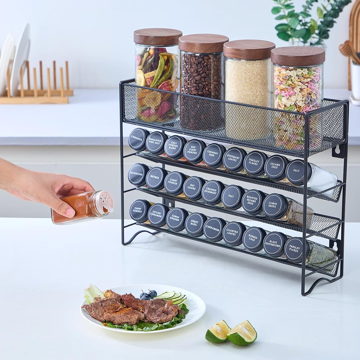 Spice Rack Organizer with 27 Spice Jars with Black Lids, Funnel, Spice Labels, Pen, Seasoning Organizer for Cabinet, Countertop, Pantry, Kitchen,Cupboard or Door & Wall Mount