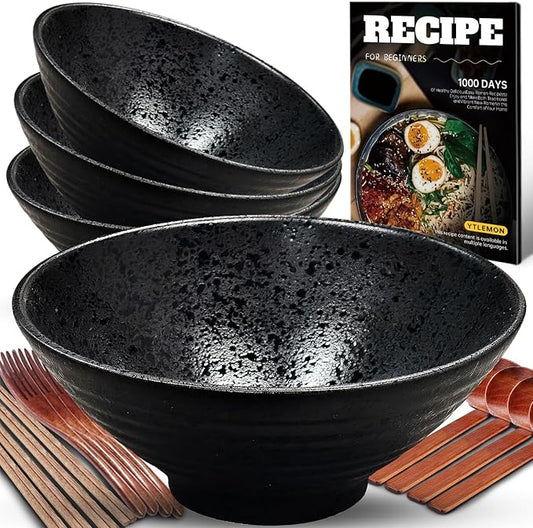 9.4Inch Ceramic Ramen Bowl Set of 4 (17 Piece) - Porcelain Japanese Salad Noodles Cereal Fruit Pasta Soup Large Bowls with Recipes Chopsticks Forks Spoons for Men Women Gift Microwave Dishwasher Safe