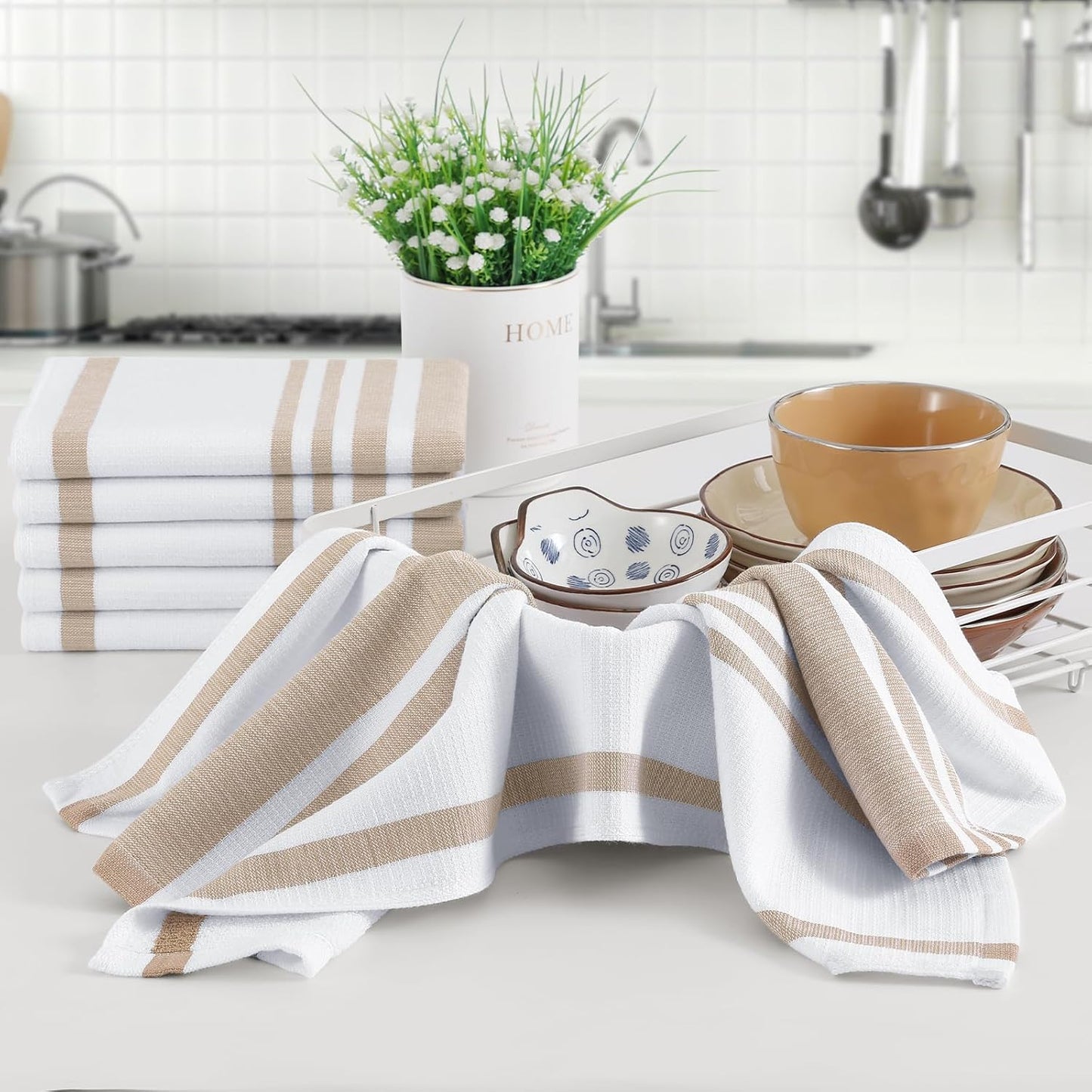 Homaxy Premium Kitchen Towels 18”x 28”, Large Cotton 380 GSM Kitchen Hand Towels, Stripe and Terry Dish Towel, Highly Absorbent Tea Towel Set with Hanging Loop, 8 Pack, Khaki