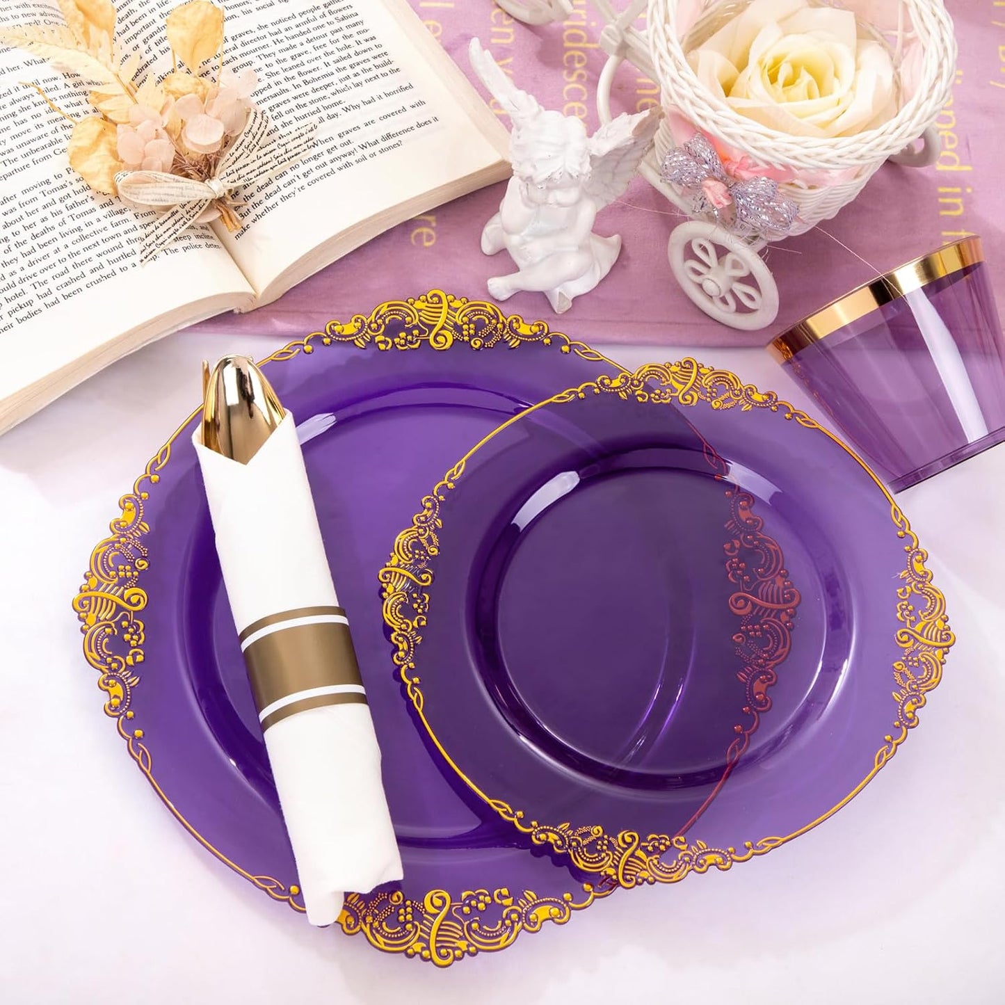 Nervure 175PCS Purple Plastic Plates - Disposable Purple Gold Party Plates & Pre Rolled Napkins with Cutlery for 25 Guests, 50Plates, 75Silverware, 25Cups, 25Napkin for Wedding & Party