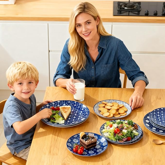AntoKueh Porcelain Dinner Plates Set of 6, 10.5 Inch Large Ceramic Plates - Blue and White Vintage Design for Salad, Pasta, Steak - Scratch, Chip Resistant, Dishwasher & Microwave Safe