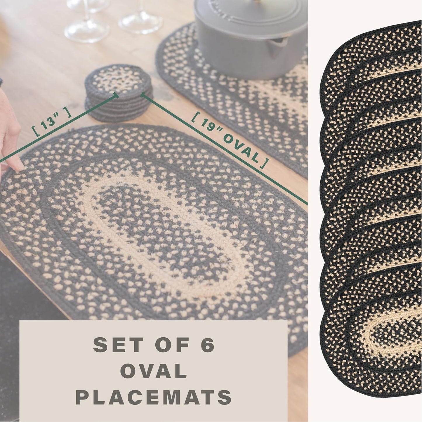 Homespice Manchester Jute Braided Oval Placemats, Country Primitive Decor, Set of 6, 13x19 Black and Tan Table Mats - Vibrant Colors, Durable, Easy to Clean and Protects Furniture