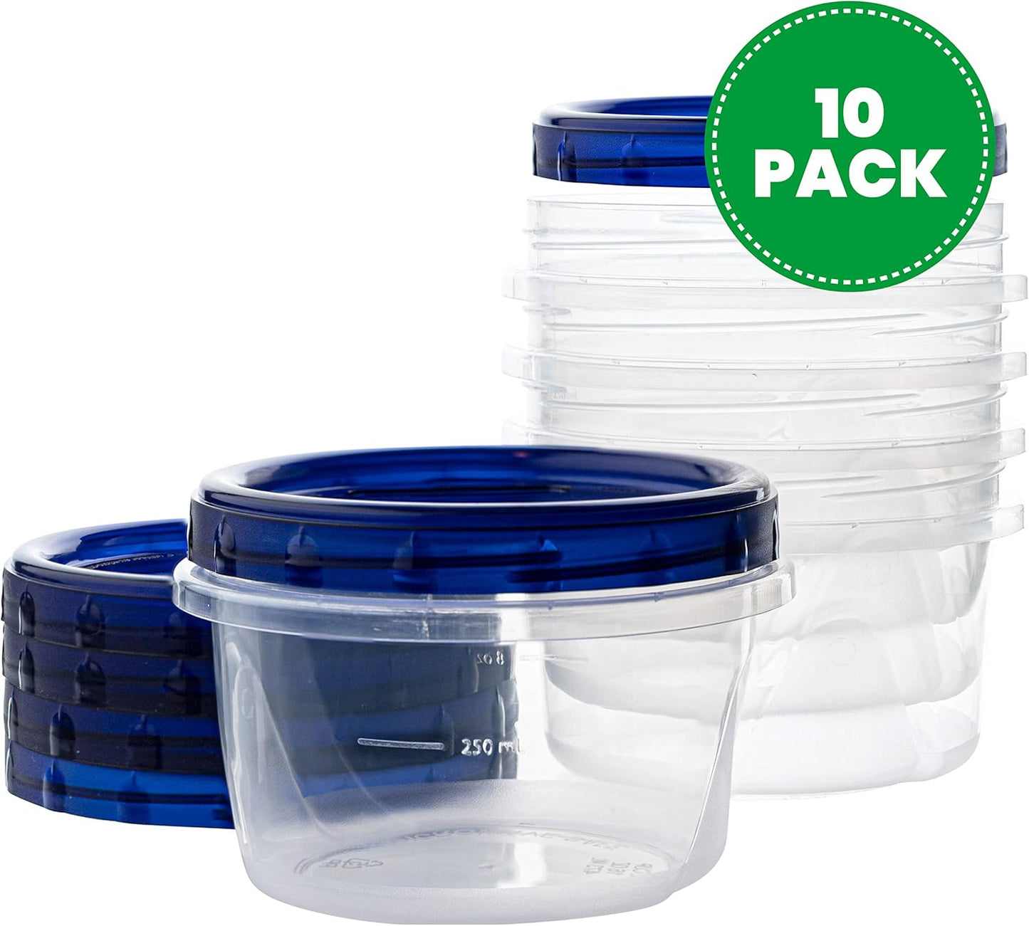 PLASTICPRO [16 oz 10 Pack] Twist Top Deli Containers Clear bottom With blue Top Twist on Lids Reusable, Stackable, Food Storage Freezer Container