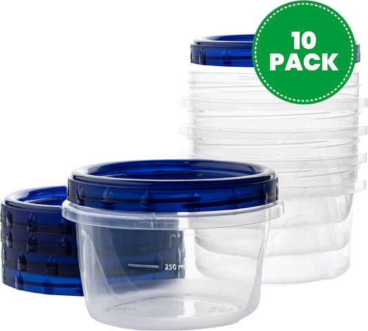 PLASTICPRO [16 oz 10 Pack] Twist Top Deli Containers Clear bottom With blue Top Twist on Lids Reusable, Stackable, Food Storage Freezer Container