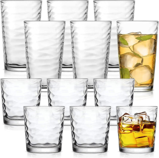 Drinking Glasses Set of 12. Mixed Glassware Set, Everyday Glasses for Cocktail, Beer, Juice Water, 6-13 Oz Rocks Glasses 6-17 oz Tall Kitchen Glass Cups