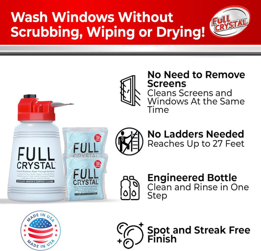 Full Crystal Window Cleaning Kit- 8 oz Glass Cleaner and Bottle with 27ft Reach will clean up to 40 Windows- Scrub Free, Rinse Free Glass Cleaner Spray Removes Dirt, Grime and Water Deposits