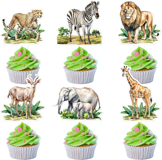24pcs Jungle Safari Animal Cupcake Toppers,Selected Jungle Themed Children's Party Birthday And Baby Shower Cake Decorations（two-sided）