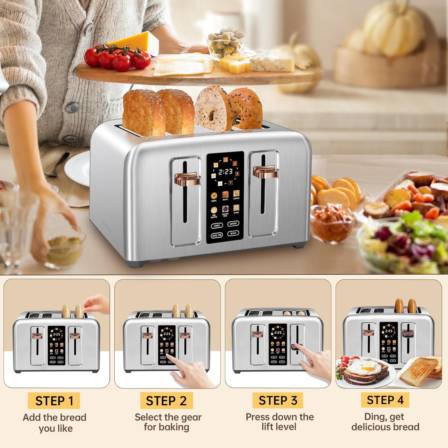 SEEDEEM Toaster 4 Slice, Full Touch control Toaster, LCD Display, 6 Bread Type, 7 Shade Settings, 1.4''Wide Slots，More Time Function, Removable Crumb Tray, 1800W, Silver Metallic