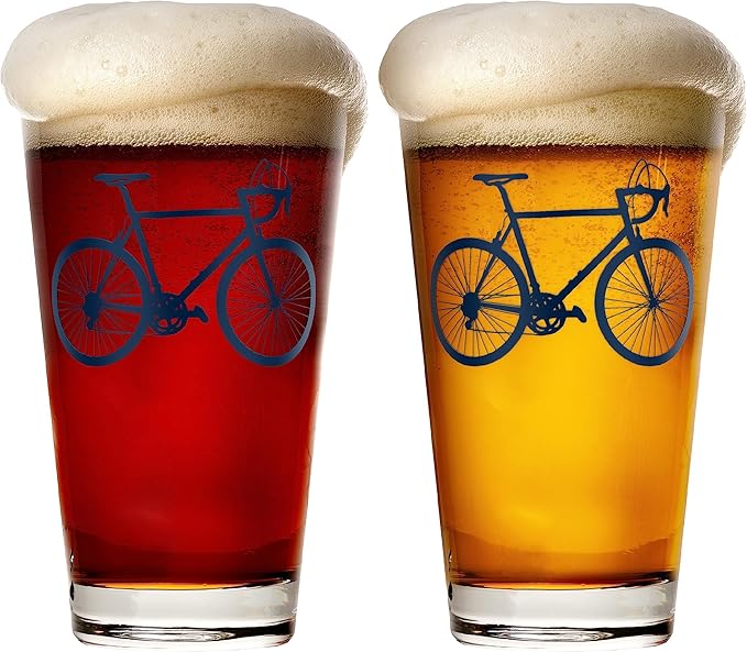 Greenline Goods - Bicycle Beer Glasses (Set of 2) |16 oz Drinkware with Colorful Cyclist Designs | Premium Decorative Glassware | Unique Gifts for Cyclists & Bike Riders [Navy]