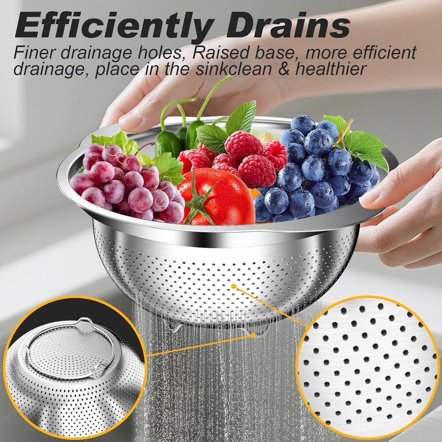 Colander, Stainless Steel Colander for Kitchen, 3Pcs Kitchen Gadget Food Strainer Basket with Handle, Kitchen Strainer Colanders Bowl for Pasta Noodles Spaghetti Vegetables Fruit (2QT, 3QT, 5QT)
