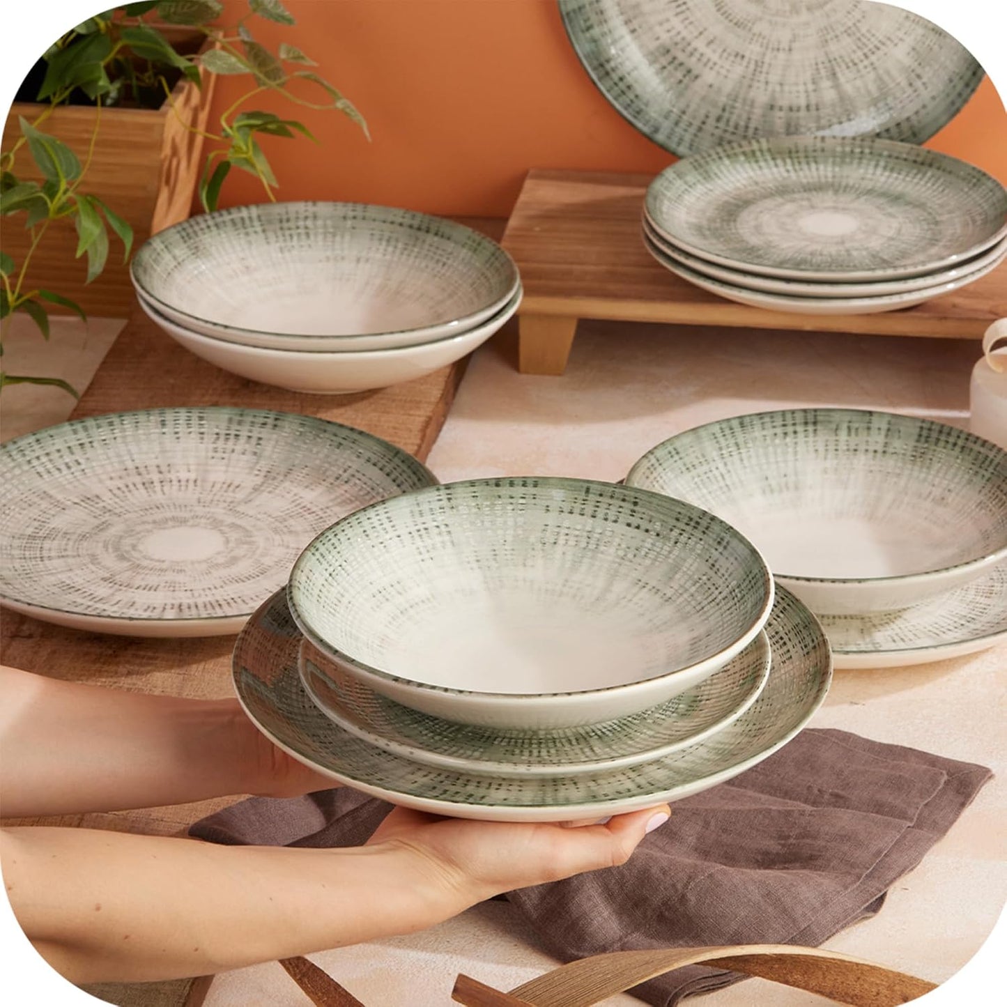 Corona 12-Piece Textured Modern Textured Finish Ceramic Dinnerware Sets, Plates and Bowls, Service For 4, Microwave and Dishwasher Safe, Elara