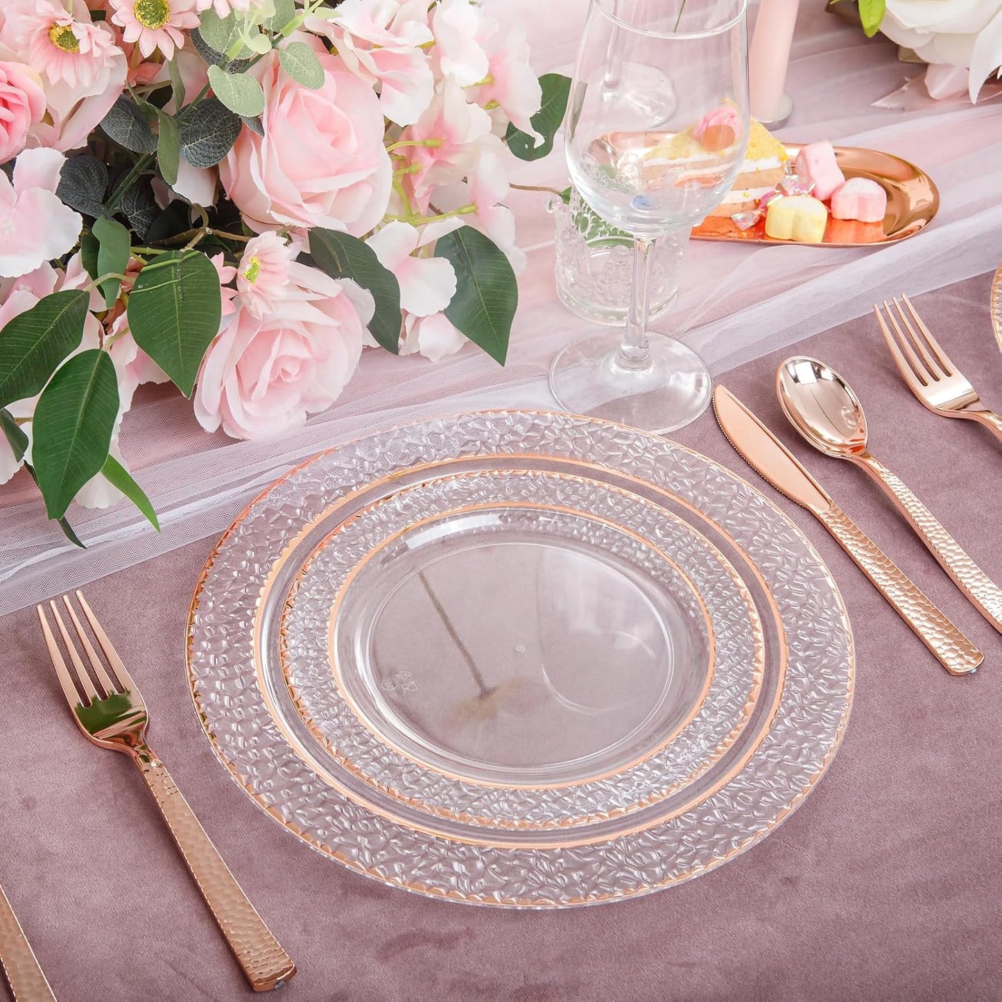 102PCS Rose Gold Plastic Plates - Clear Rose Gold Disposable Plates Include 51PCS 7.5inch Dessert Plate 51PCS 10.25inch Dinner Plate Perfect for Weddings Parties