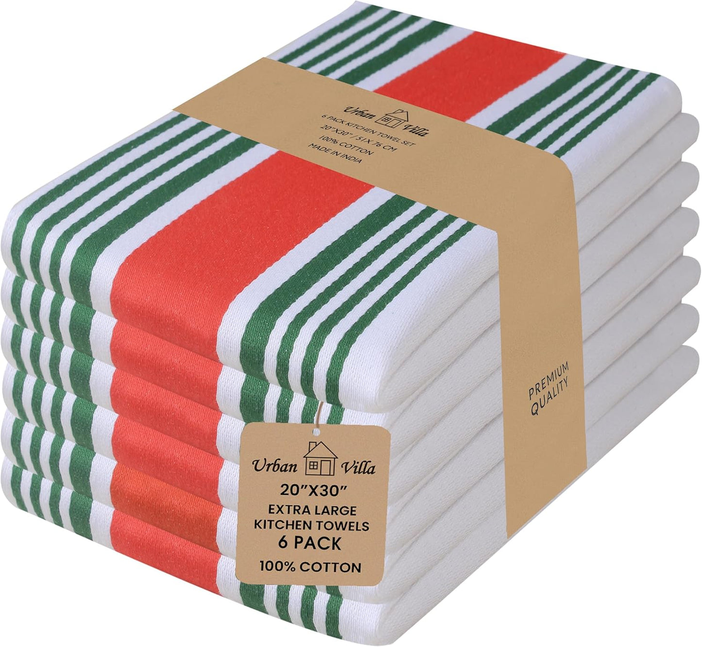 Urban Villa Kitchen Towels 100% Cotton Pack of 6, Highly Absorbent Quick Drying Super Soft Premium Dish Towels 20x30 Inch for Kitchen with Hanging Loop Hand & Tea Towels - Red/Green/White