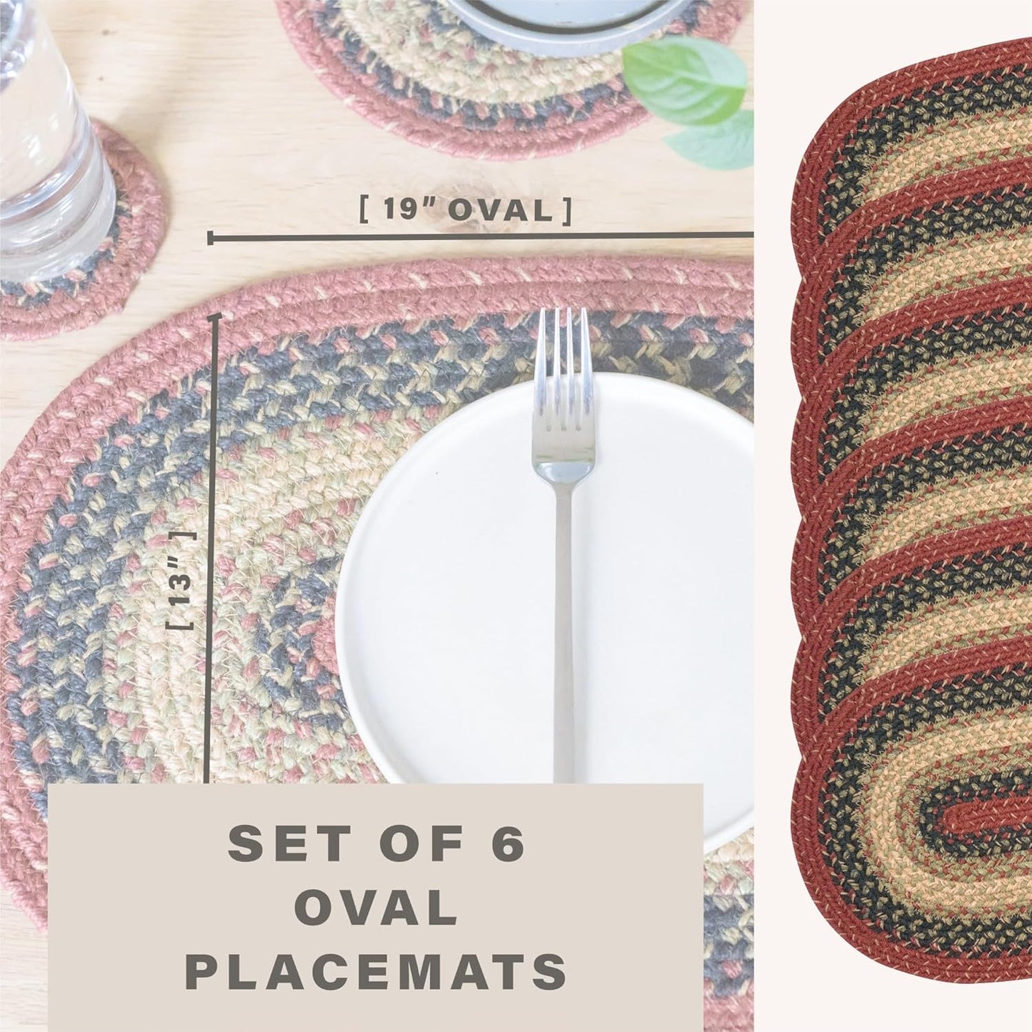 Homespice Highland Jute Braided Oval Placemats, Warm Lodge and Cabin Decor, Set of 6, 13x19 Multicolor Table Mats - Vibrant Colors, Durable, Easy to Clean and Protects Furniture
