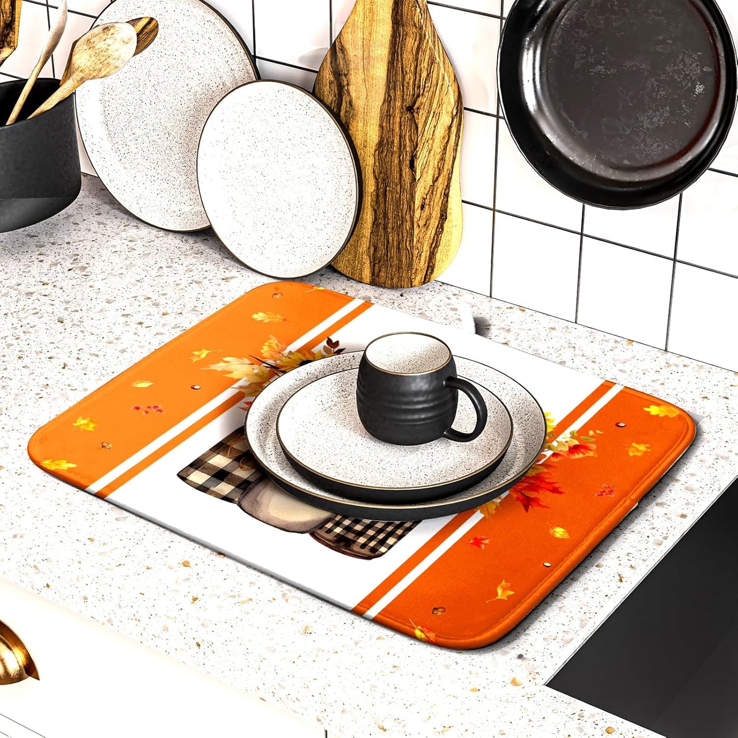 Fall Sunflower Dish Drying Mat for Kitchen Counter -Thanksgiving Autumn Flower Maple Leaves Bouquet Vase Absorbent Fast Dry Dishes Drainer Rack Mat Protector Pad 18x16in