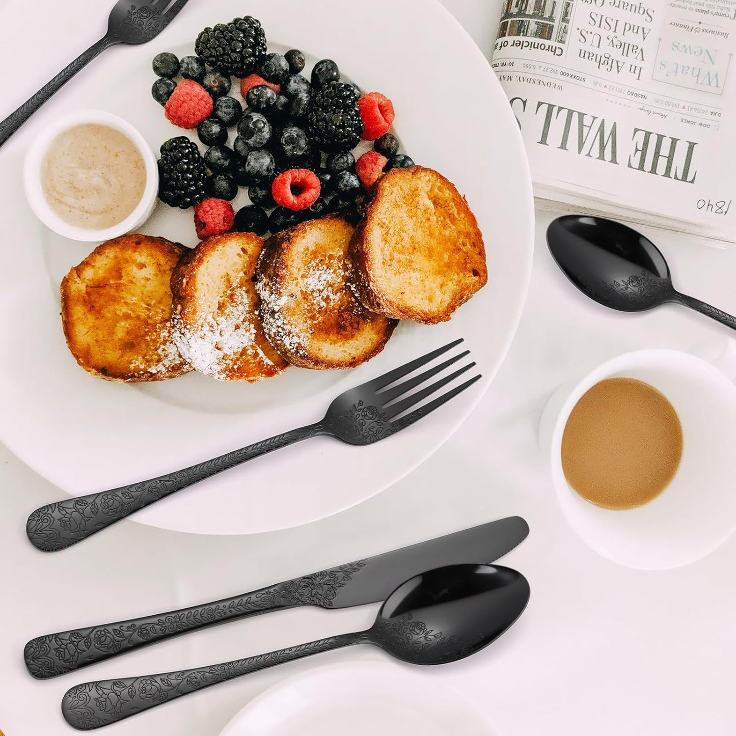 Floral Flatware Set Black for 6 Stainless Steel Silverware 30 Piece Cutlery Unique Eating Utensils Tableware Stylish Fork Spoon Knife With Embossing Rose Flower Handle Festival Parties