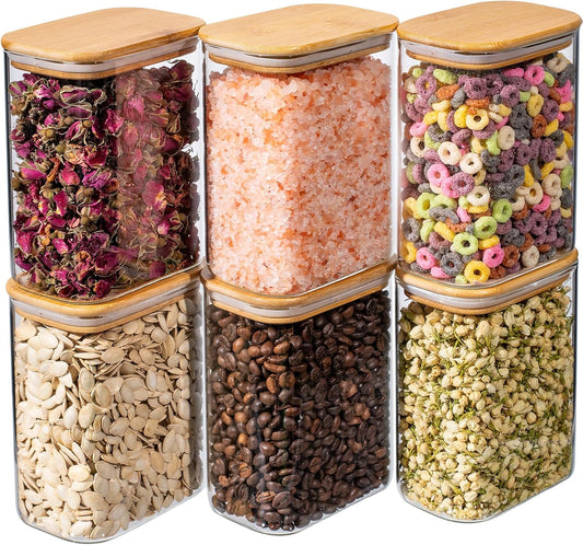 37oz 6PCS Rectangle Glass Pantry Containers with Lids, Glass Jars with Lids, Clear Food Storage Jars, Small Canister for Salt, Pepper, Spices, Nuts, Loose Tea, Coffee, Sugar, Candy