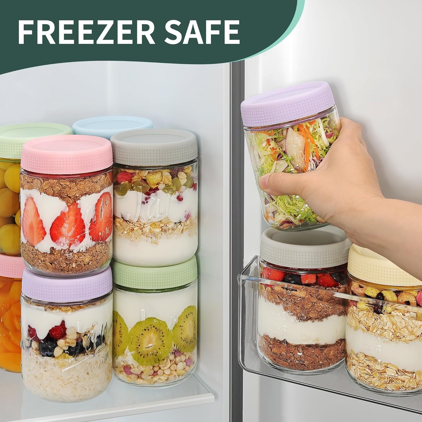6-Pack 16oz Overnight Oats Containers with Airtight Lids - Glass Mason Jars with Measurement Marks for Yogurt, Meal Prep & Chia Pudding, Stackable & Leakproof