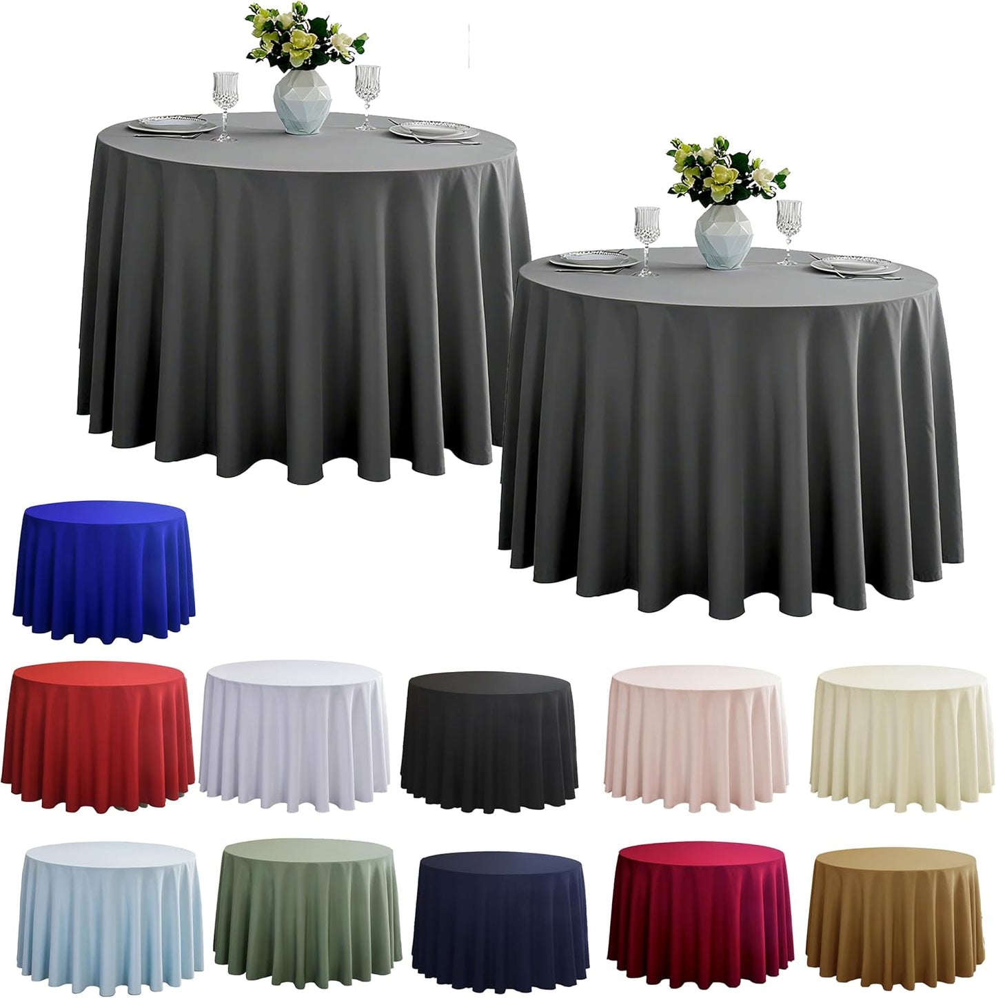 2-Pack Round 90-inch Grey Table Cloths, Solid Stain and Wrinkle Resistant Circular Tablecloth, Premium Plain Weave Polyester Fabric Table Linen Covers for Hotel, Banquet