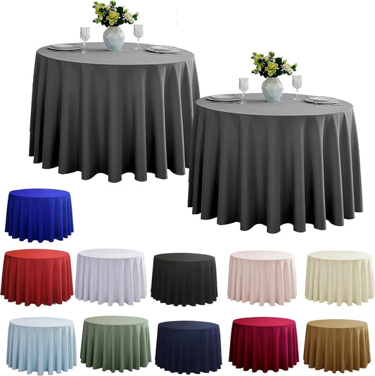 2-Pack Round 108-inch Grey Table Cloths, Solid Stain and Wrinkle Resistant Circular Tablecloth, Premium Plain Weave Polyester Fabric Table Linen Covers for Hotel, Banquet